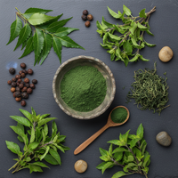 Neem and tulsi hair mask ingredients — fresh neem leaves, tulsi, bhringraj flatlay