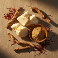 Ashwagandha body butter ingredients — ashwagandha root, shea butter, saffron flatlay