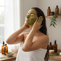 Woman applying green Ayurvedic neem hair mask to scalp — lifestyle